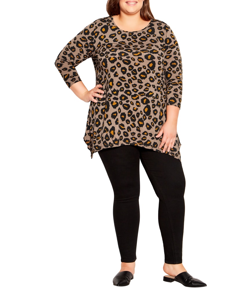 Front of a model wearing a size 14 Wanda Cosmic Print Tunic in Cosmic Leopard by Evans. | dia_product_style_image_id:303224